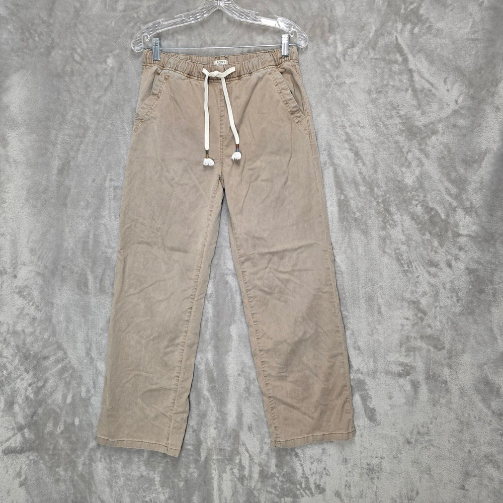 Roxy Pants Womens M Tan Elastic Waist Drawstring Linen Blend Casual Boho Earthy